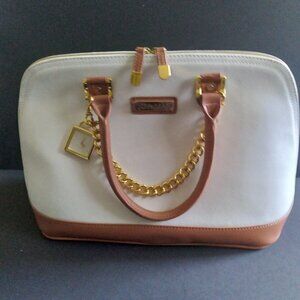 JOY-EMAN Large White Pebble Leather Satchel Bag with Tan Leather Trim